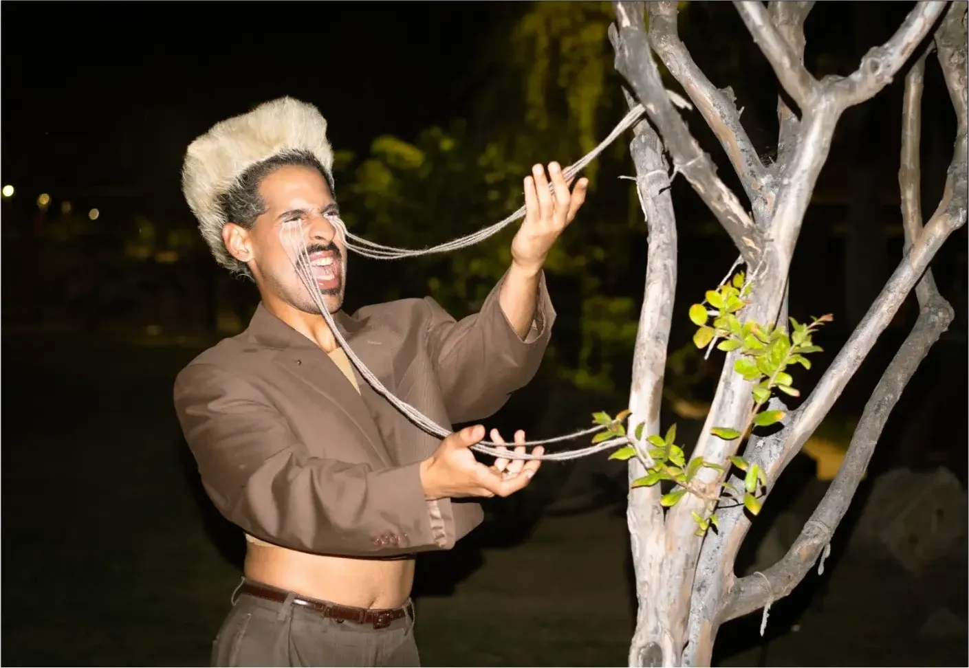 Hombre con peinado decolorado sosteniendo una rama de noche